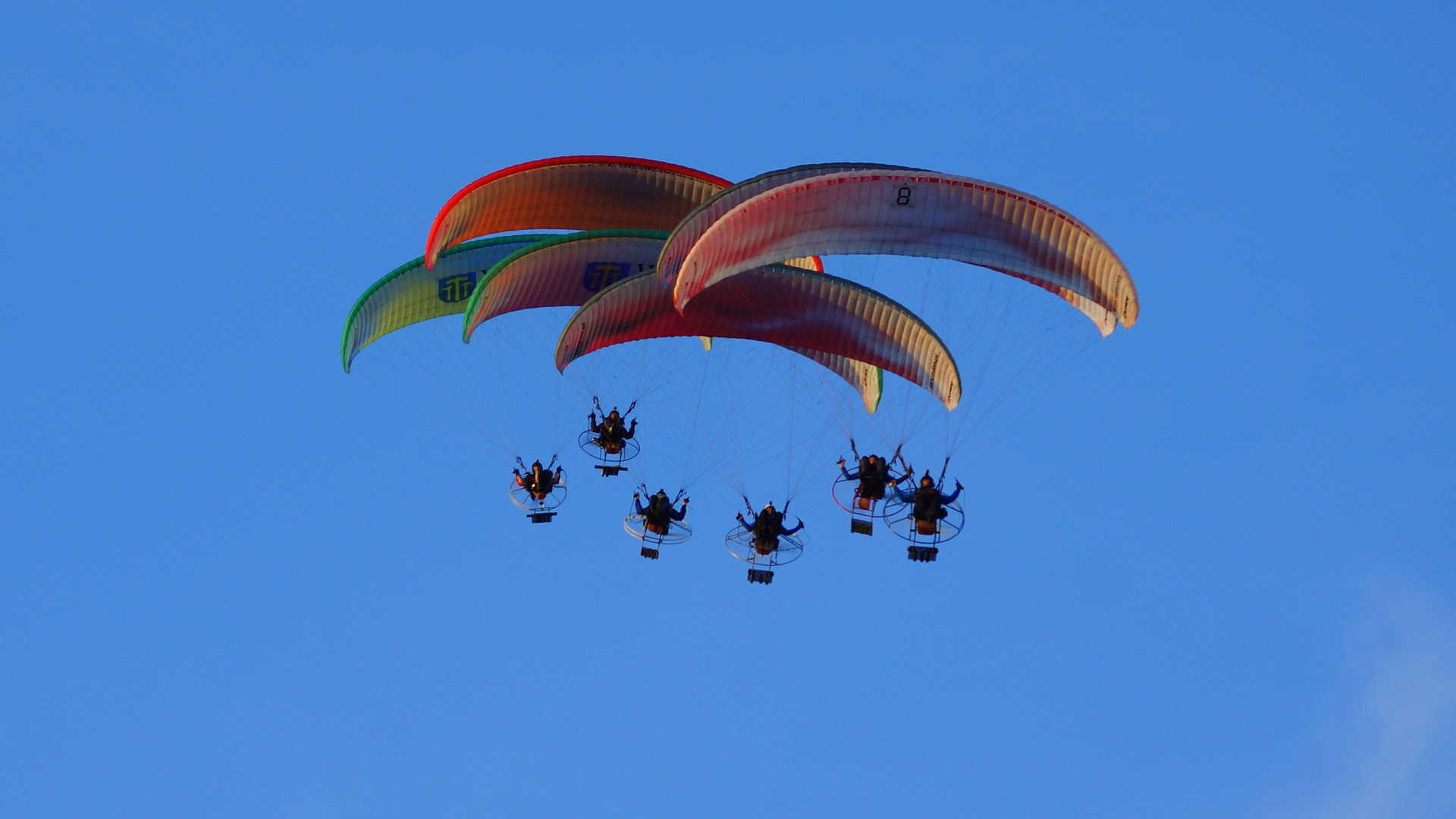 Eng beieinander fliegen mehrere Motorschirme am wolkenlosen Himmel.